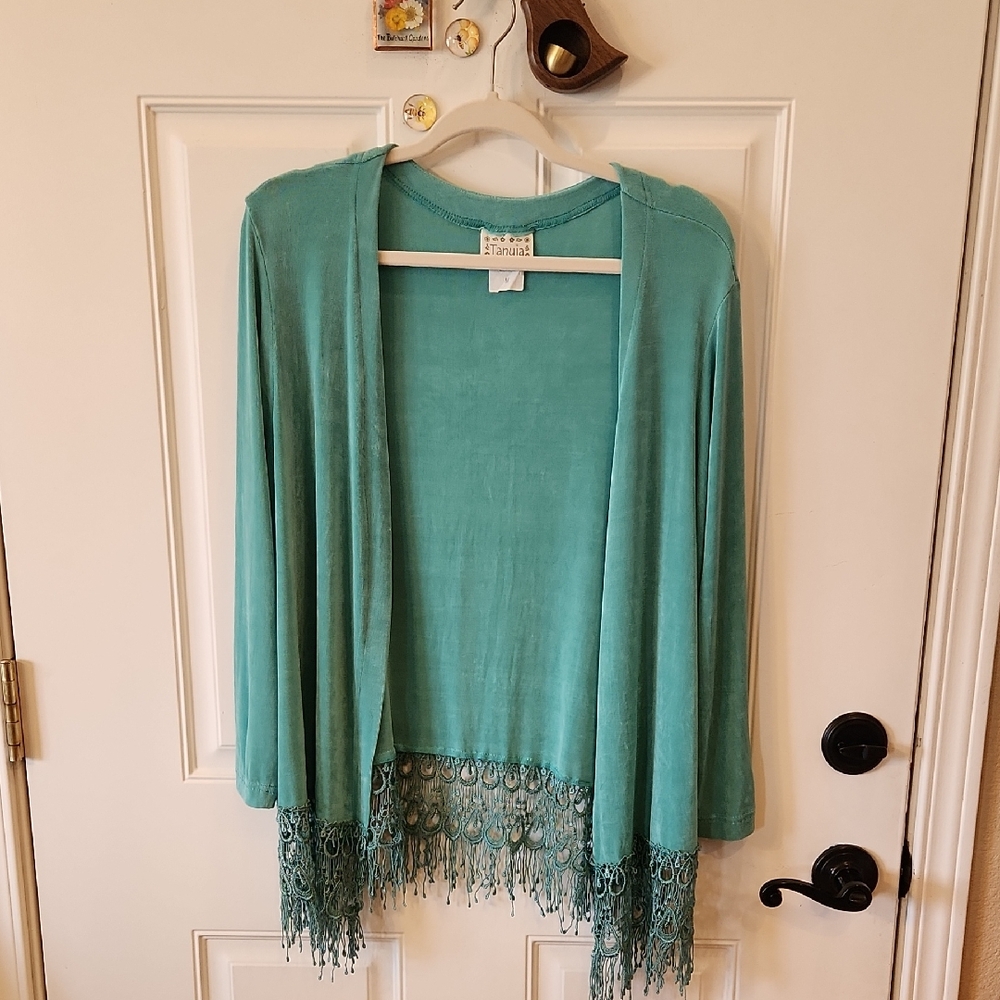 Chico's Blue Cardigan with Fringe Details